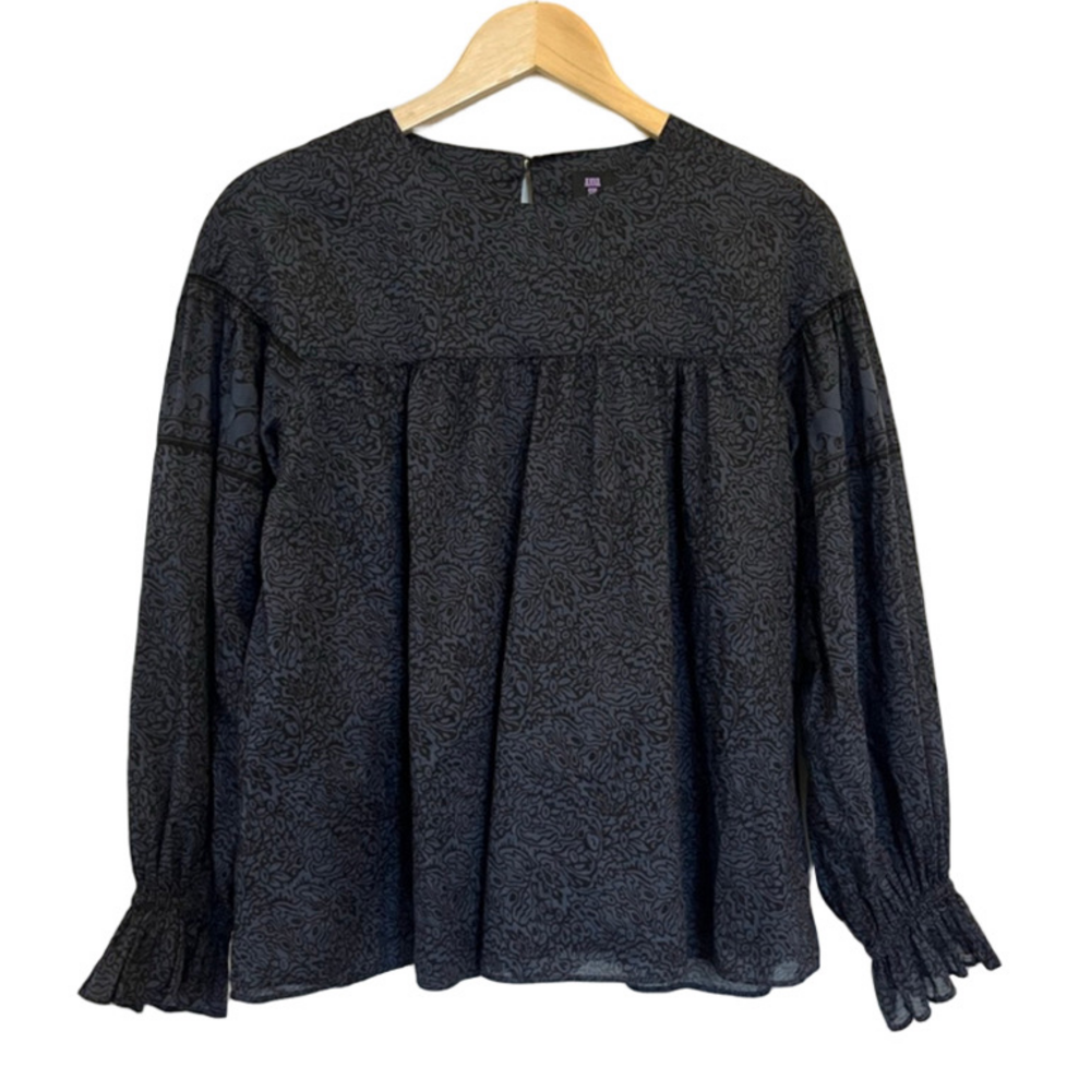 Anna Sui for Uniqlo Navy Blue Black Floral Patterned Sleeve Babydoll Boho Blouse